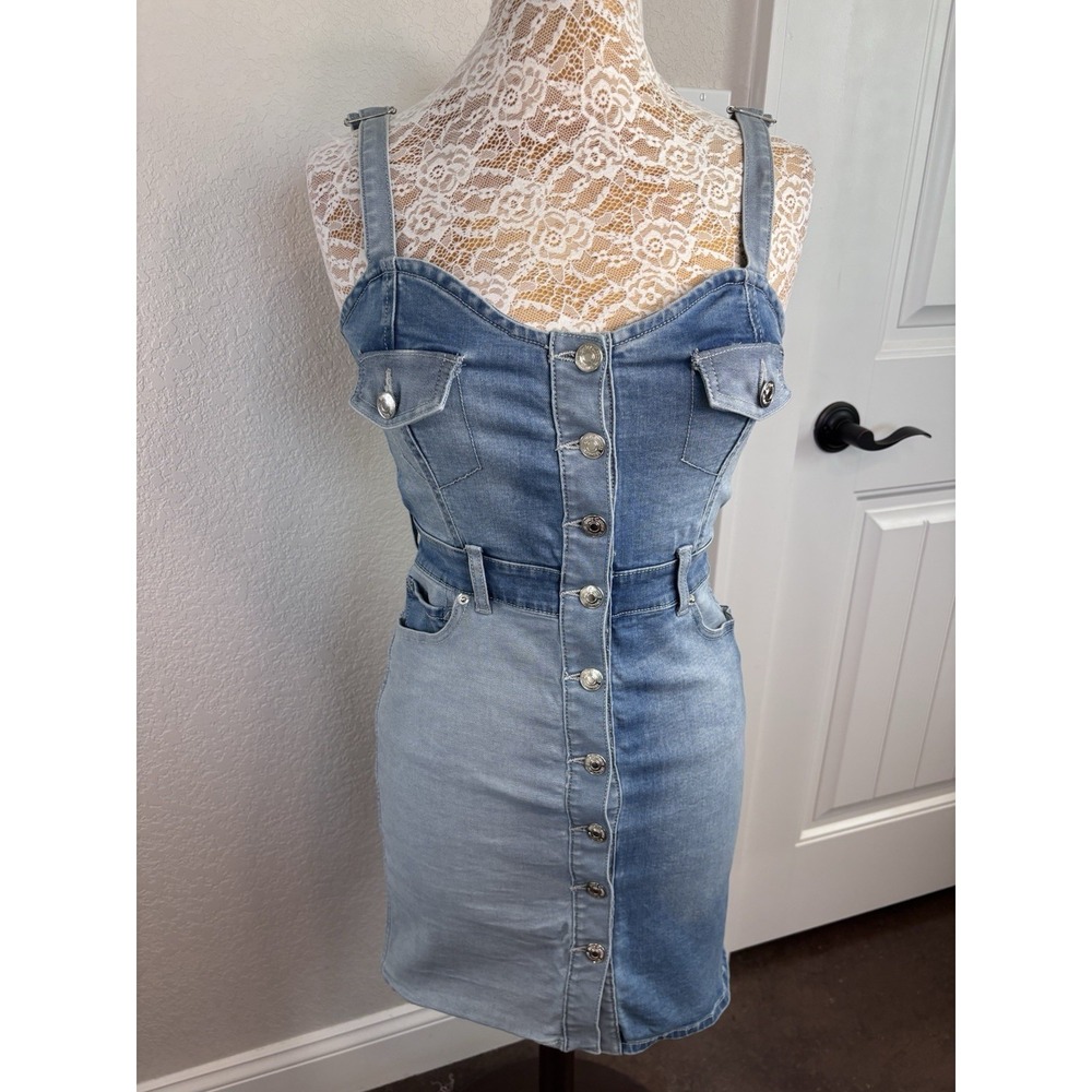 Juicy Couture Bodycon‎ Womens Mini Dress Denim Colorblock Blue Button Up S